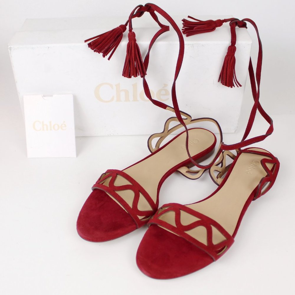 NEW Chloe Red EU 37/US 7 Lace-Up Sandals Laser Cut Vamp Strap Tassel